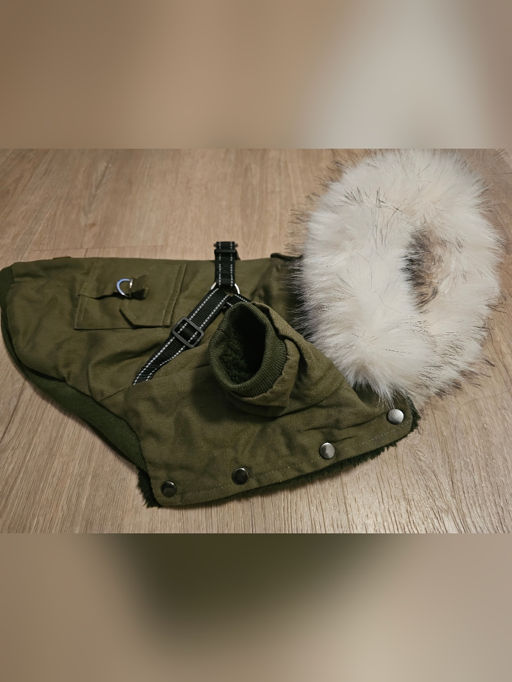 Olive Green Dog Winter Coat with Faux Fur Hood